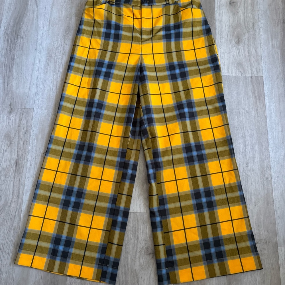 Forever 21 Women's Yellow Plaid Wide Leg Pants Elastic Waist 36-40